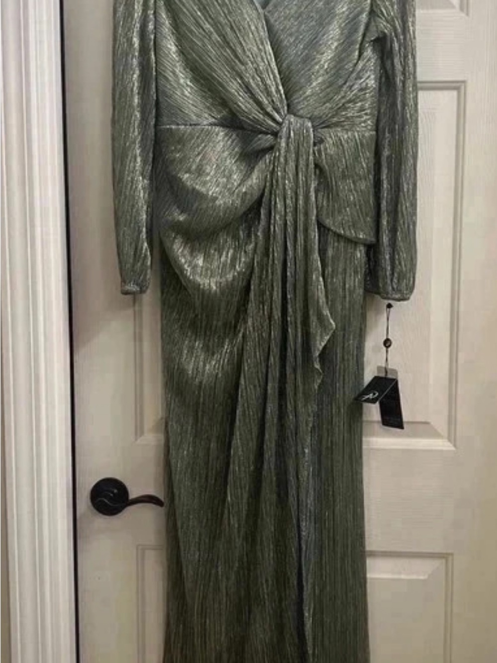 Adrianna Papell Olive Metallic Long-Sleeve Knot-Front Gown